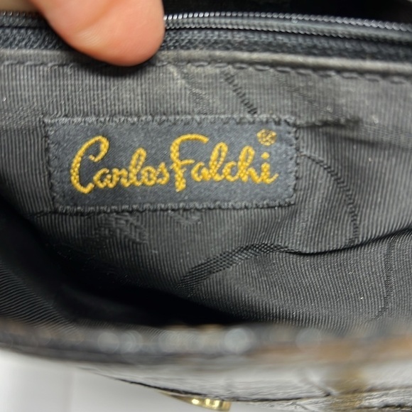 Carlos Falchi Structured Crossbody Goldtone Pewter Croc Embossed Leather Bag - Picture 12 of 15